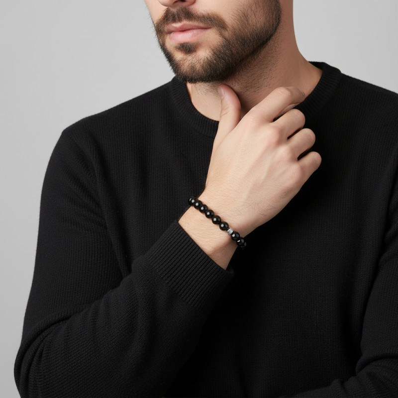 Bracelet Homme Tourmaline 8mm et billes striées en acier porté