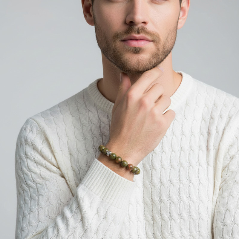 Bracelet Homme Unakite 8mm et billes striées en acier porté