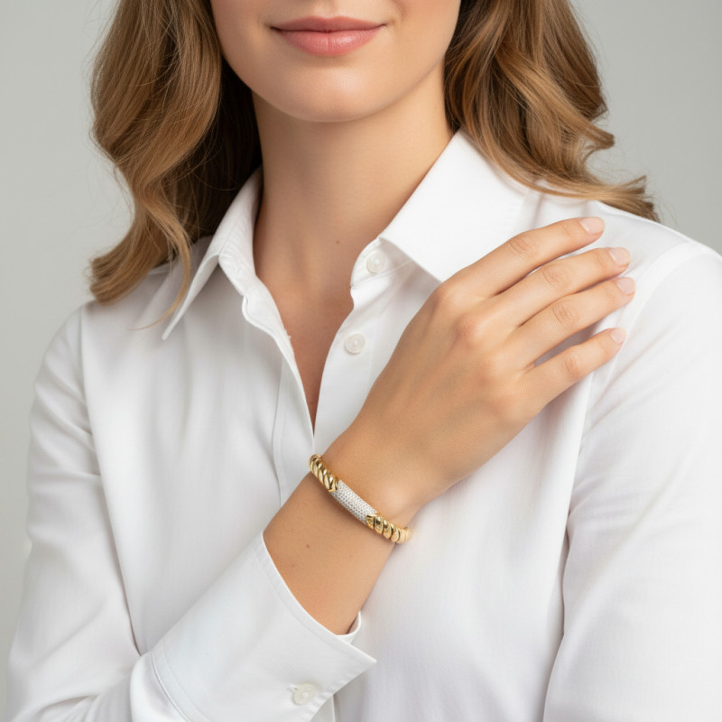 Bracelet Jonc Argent Doré Oxydes de zirconium 8,1mm porté