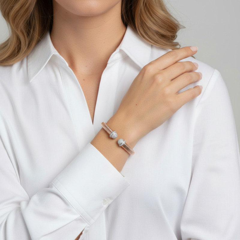 Bracelet Jonc Argent Doré rose Oxydes de zirconium 8,4mm porté