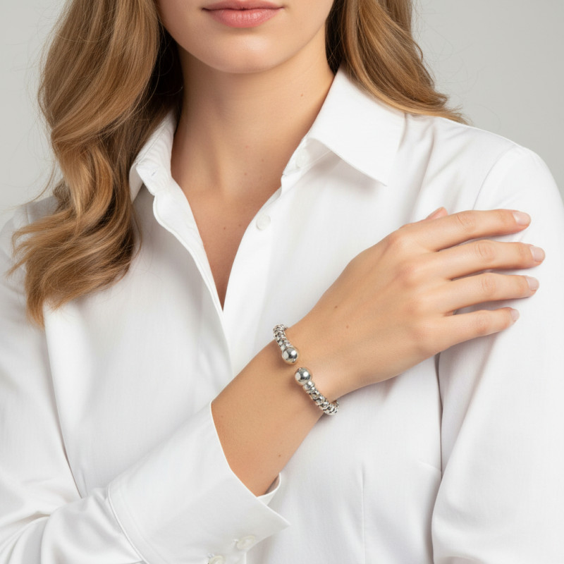 Bracelet Jonc Argent Rhodié Section ronde 7,8mm porté