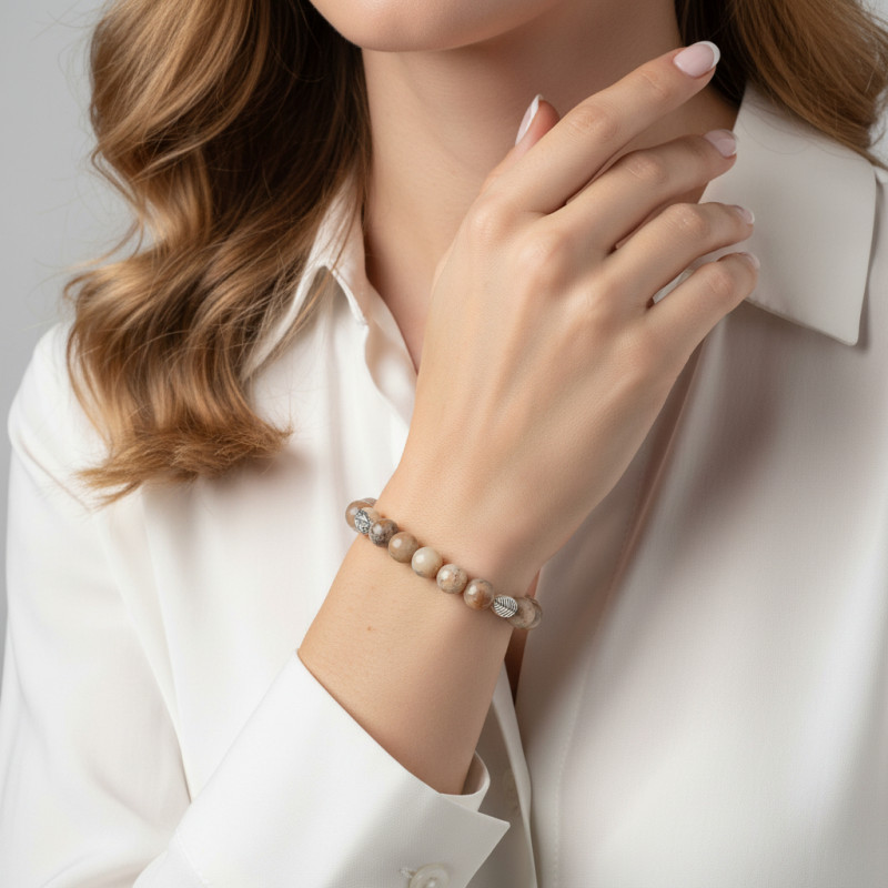 Bracelet Opale Dendritique 8mm et Motif Feuille en métal porté