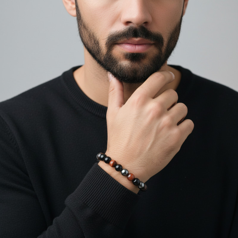 Bracelet Pierres Homme Oeil de taureau Onyx Hématite porté