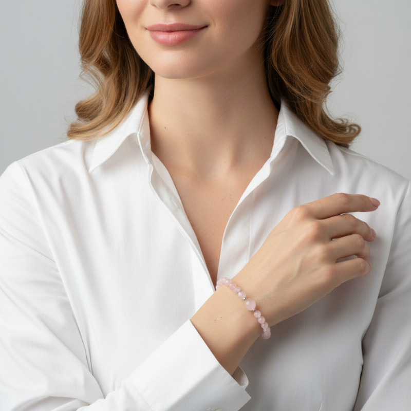 Bracelet Quartz Rose 6-10mm et Argent porté