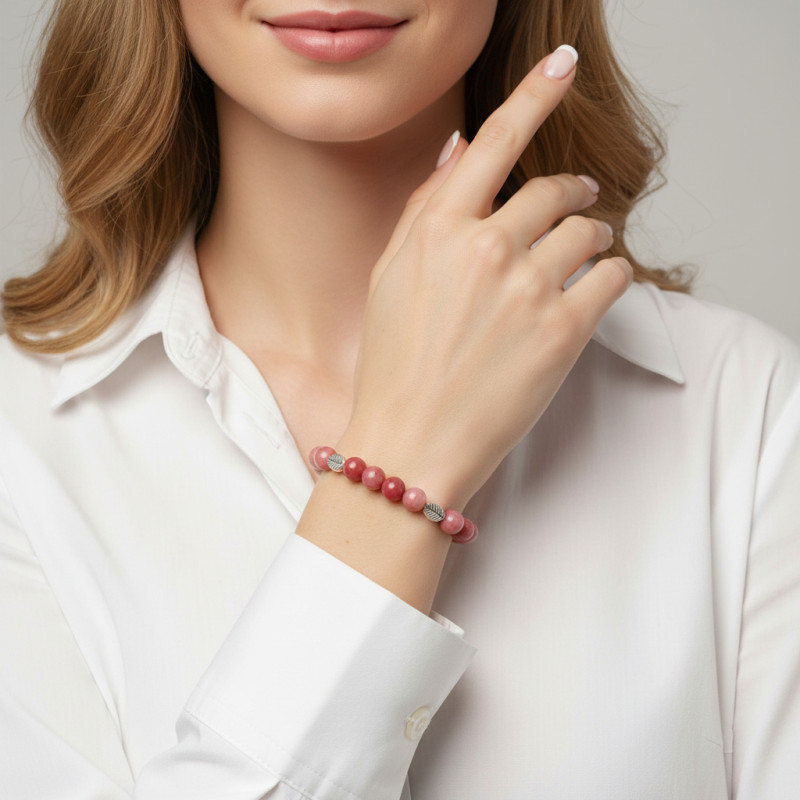 Bracelet Rhodonite 8mm et Motif Feuille en métal porté
