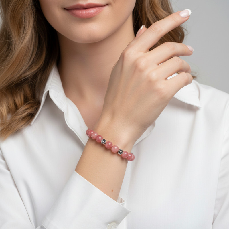 Bracelet Rhodonite 8mm et Motif Fleur en métal porté
