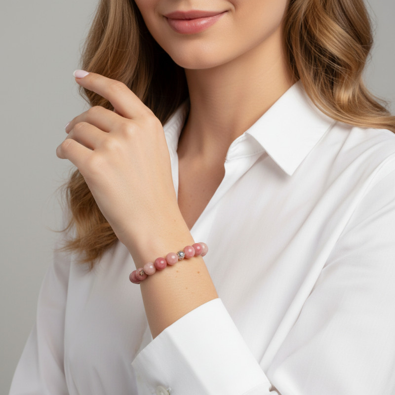 Bracelet Rhodonite 8mm et Oeil porte bonheur en métal porté