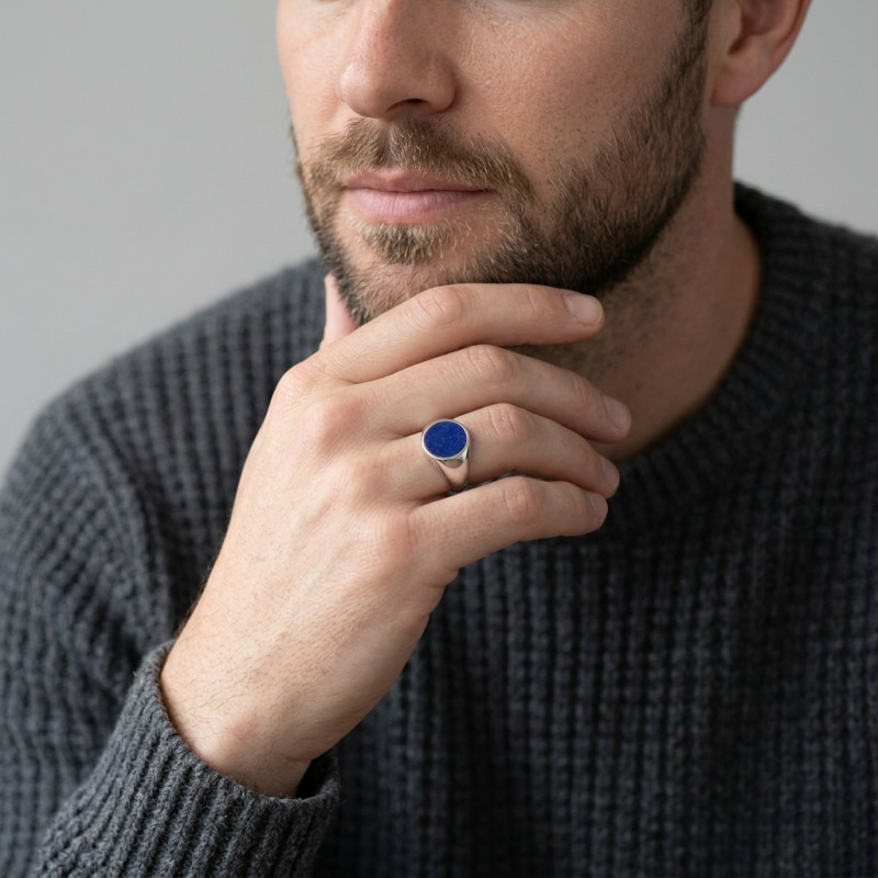 Chevalière Homme Argent 925 Lapis Lazuli Ovale 12x10mm porté