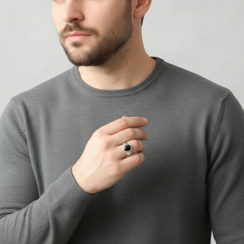 Chevalière Homme Argent 925 Onyx Ovale 12x10mm porté