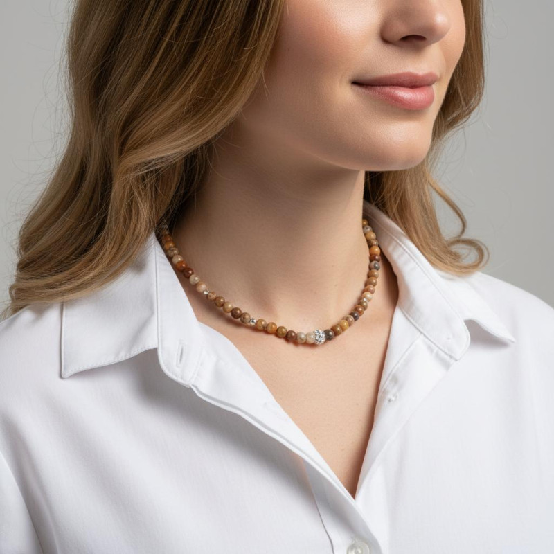 Collier Agate Crazy Lace 6mm et Argent porté