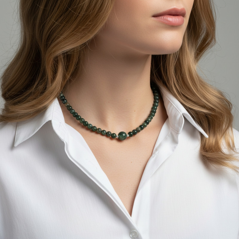 Collier Agate Mousse 6-10mm et Argent porté