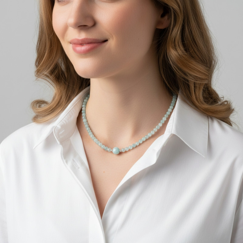 Collier Aigue Marine  6-10mm et Argent porté