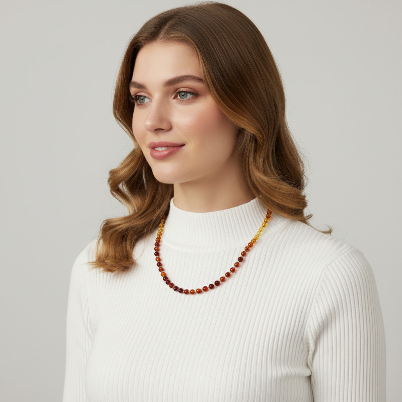 Collier Ambre Muticolore 6mm x 50-55cm porté