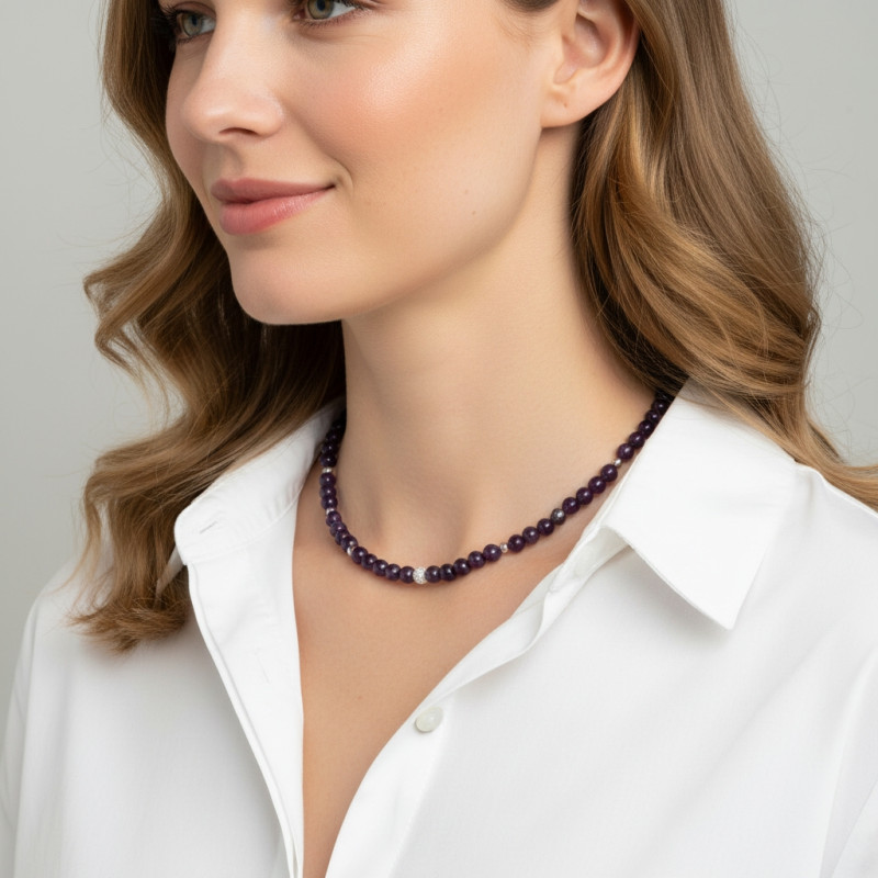 Collier Améthyste 6mm et Argent porté