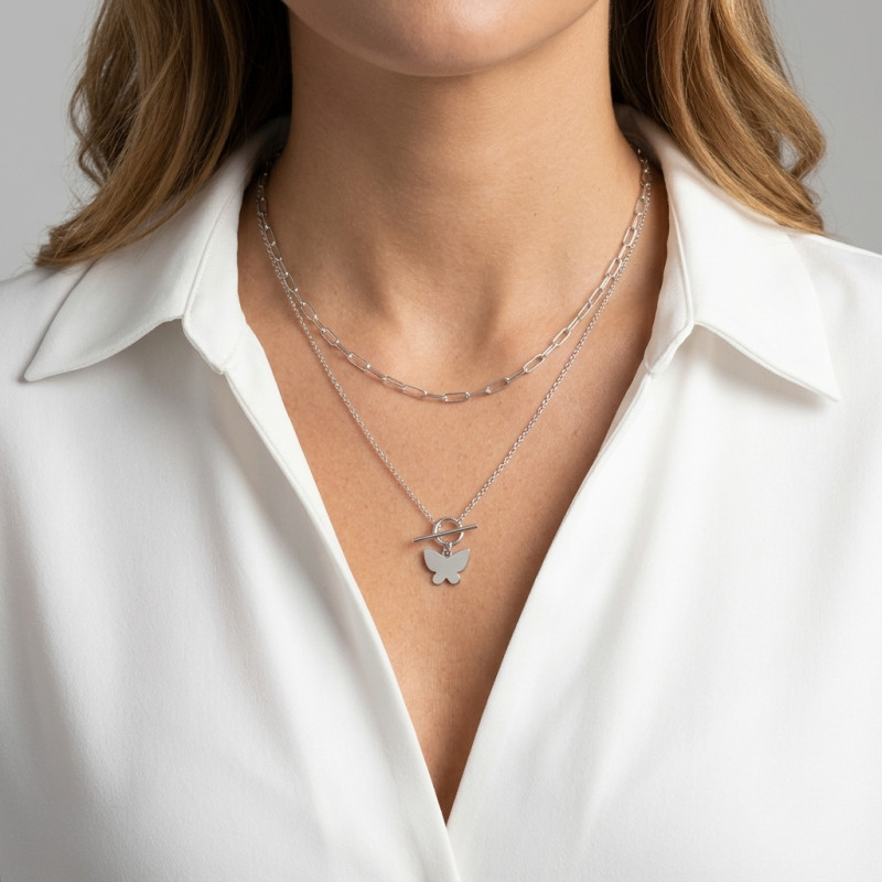 Collier Argent 925 2 rangs et papillon porté