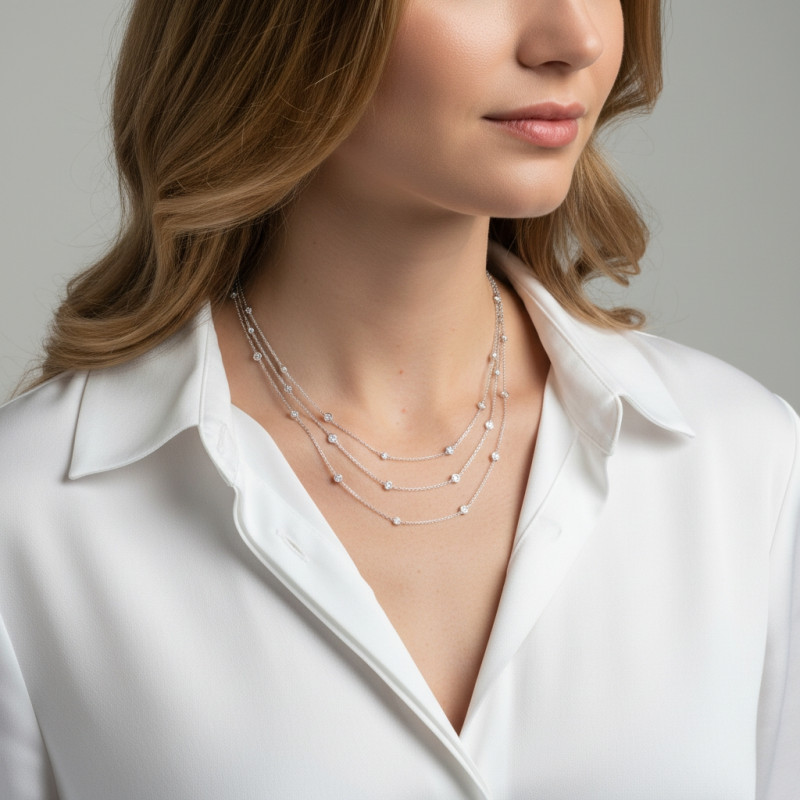 Collier Argent 925 3 rangs et oxydes de zirconium porté