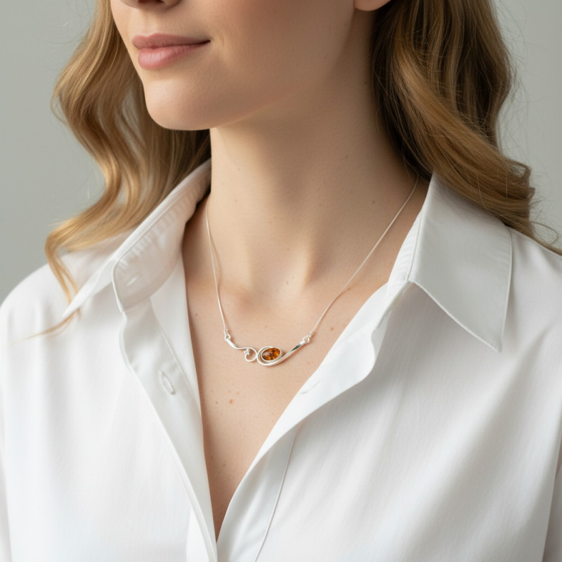 Collier Argent 925 Ambre Ovale porté