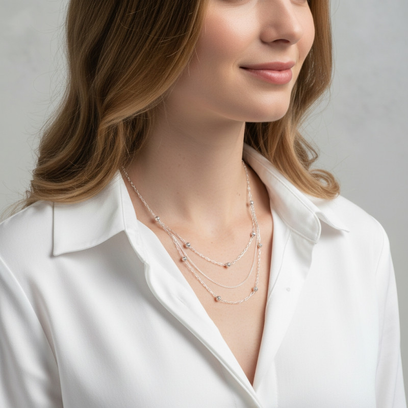 Collier Argent 925 boules d'argent ciselées porté