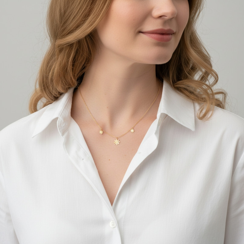 Collier Argent 925 doré 3 fleurs porté