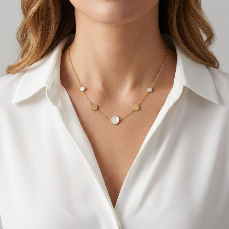 Collier Argent 925 doré Disques et nacre porté