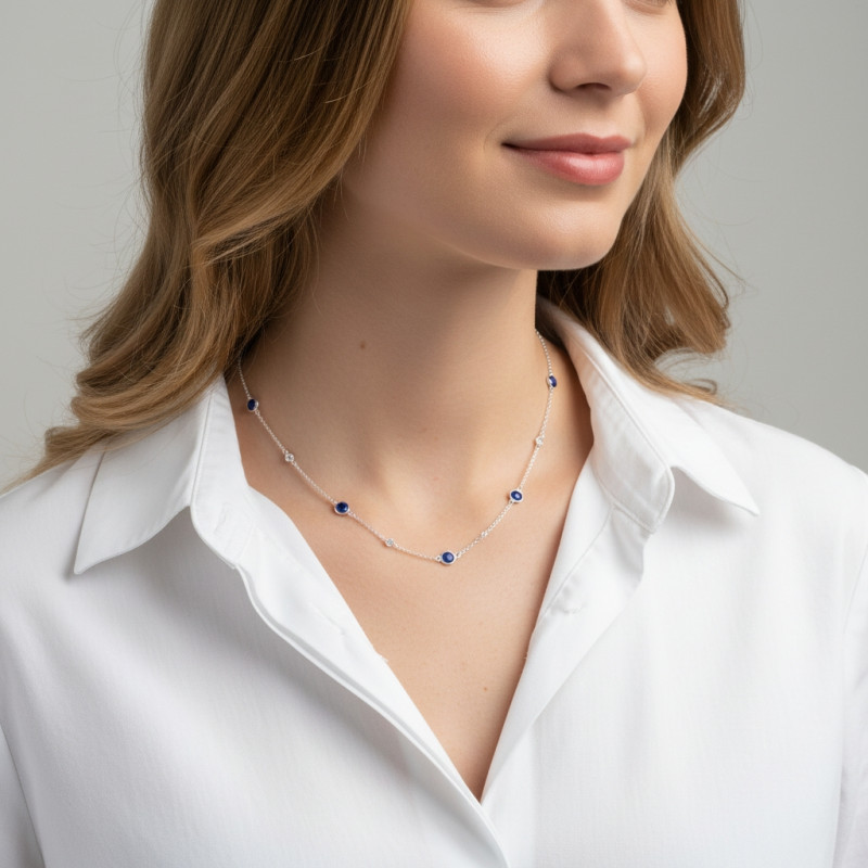 Collier Argent 925 Lapis et Oxyde de zirconium porté