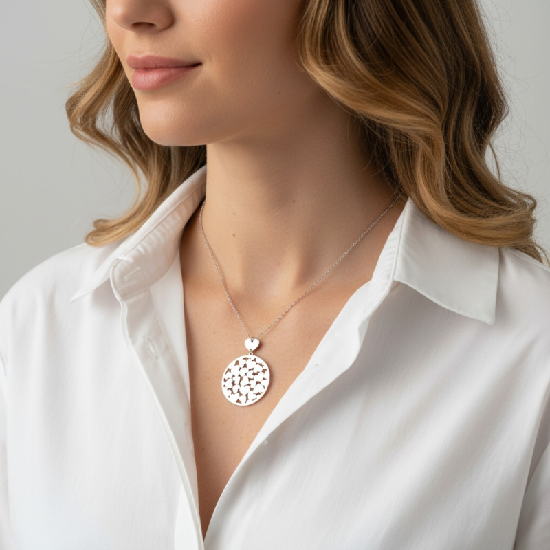 Collier Argent 925 Motif rond ajouré en coeurs porté