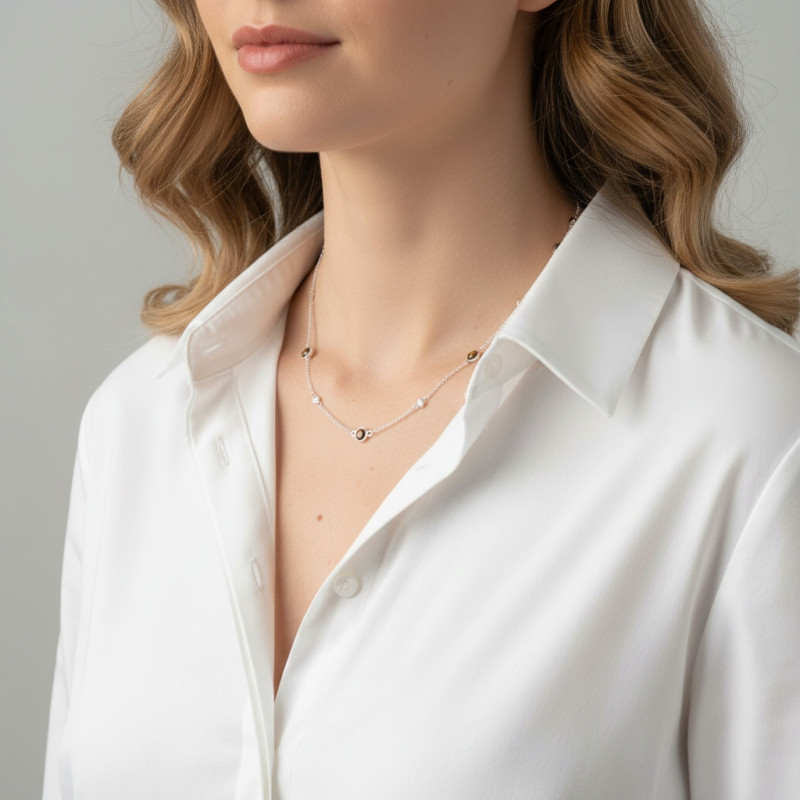 Collier Argent 925 Oeil de tigre et Oxyde de zirconium porté