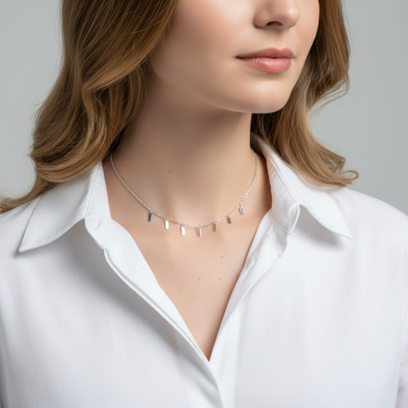 Collier Argent 925 Rectangles martelés porté