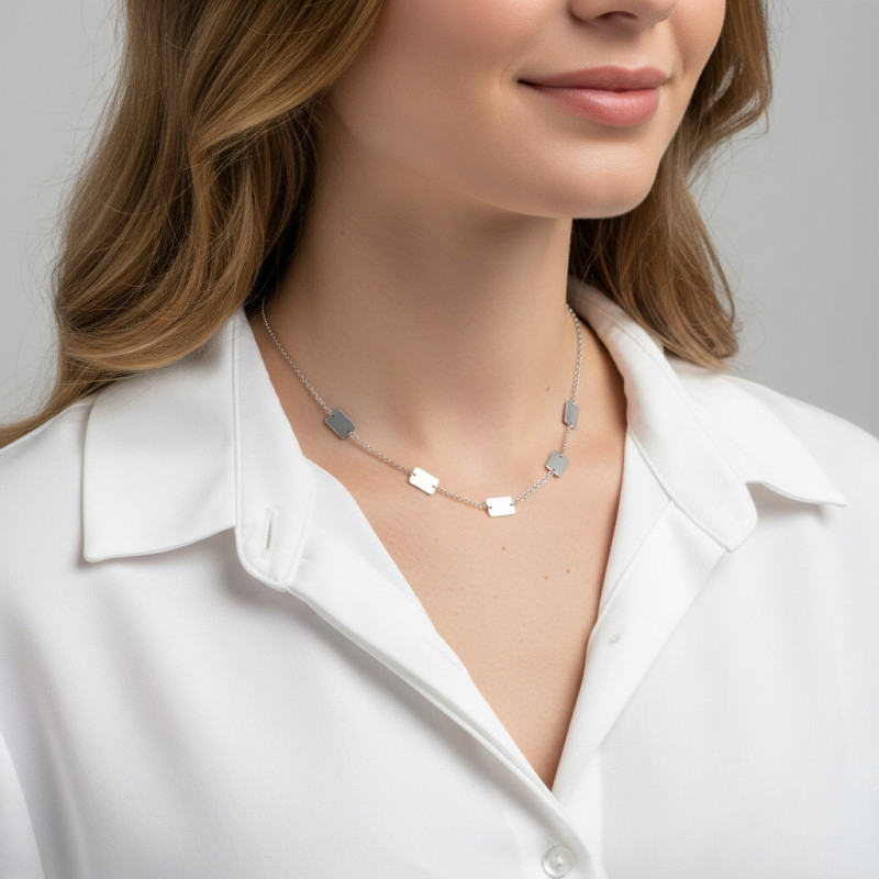 Collier Argent 925 rectangles satinés et lisses porté