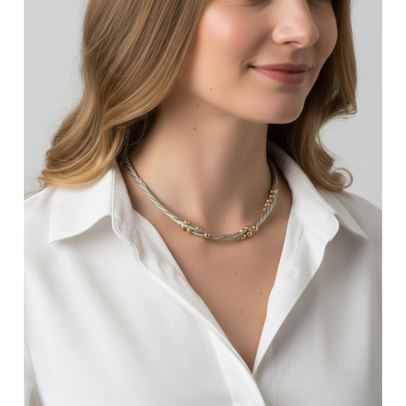Collier Argent 925 Rhodié 4 rangs et boules Plaqué Or porté