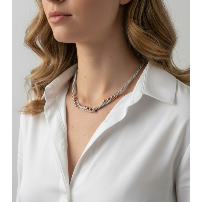 Collier Argent 925 Rhodié 4 rangs et boules rosées porté