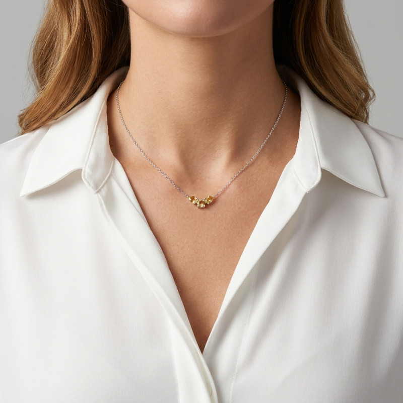 Collier Argent 925 Rhodié Citrine Ronde et Poires porté