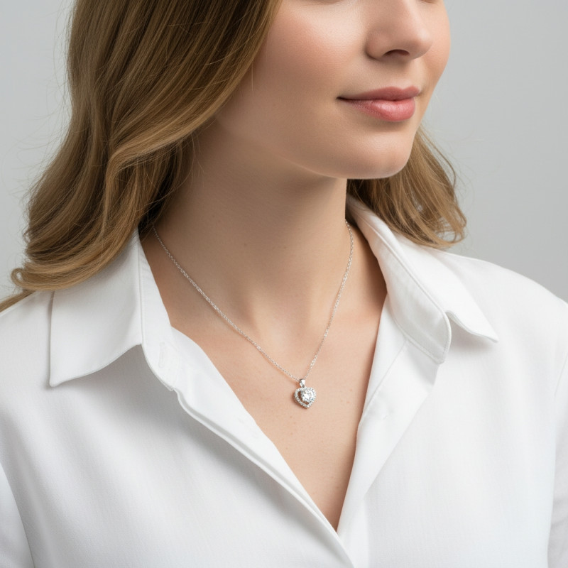 Collier Argent 925 rhodié Cœur texturé porté