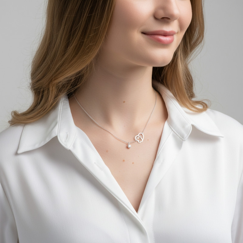 Collier Argent 925 rhodié Cœur trèfle et coccinelle porté