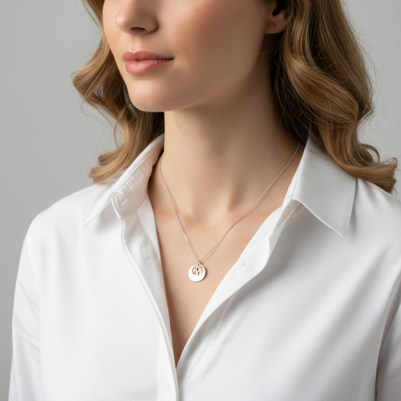 Collier Argent 925 rhodié Disque et arbre de vie porté