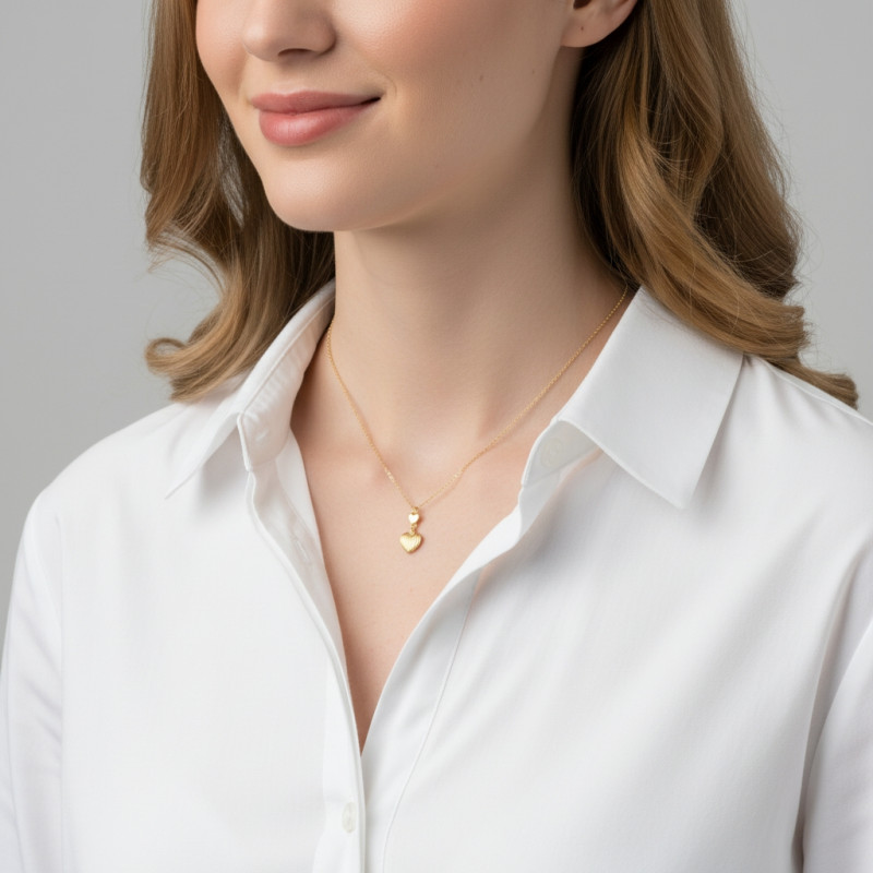 Collier Argent 925 rhodié double cœur porté