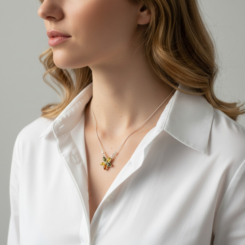 Collier Argent  Ambre Multicolore porté