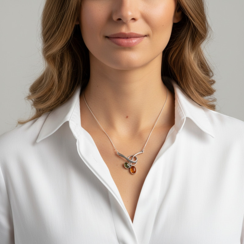 Collier Argent  Ambre Multicolore porté