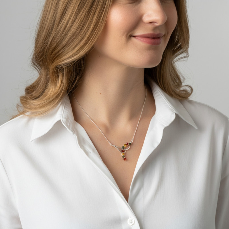 Collier Argent  Ambre Multicolore porté