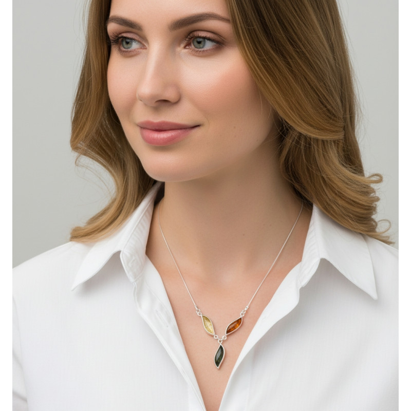 Collier Argent  Ambre Multicolore porté