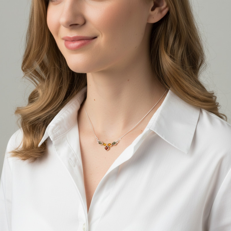 Collier Argent  Ambre Multicolore porté