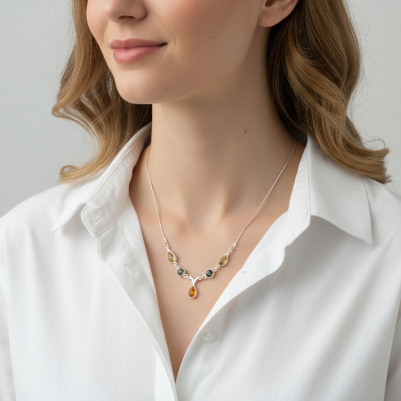 Collier Argent  Ambre  porté