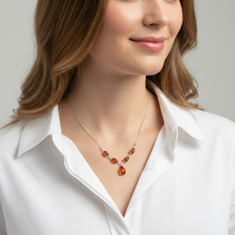 Collier Argent  Ambre  porté