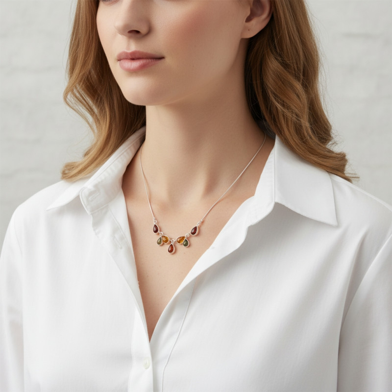 Collier Argent  Ambre  porté