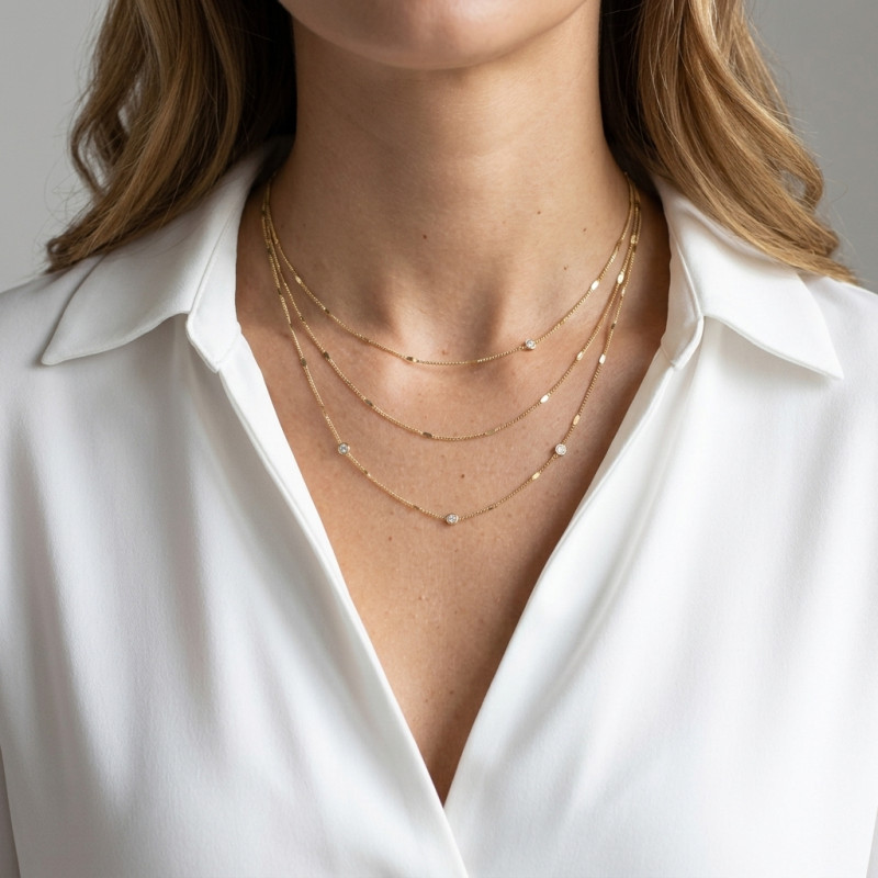 Collier Argent Doré 3 rangs avec Oxydes de zirconium porté