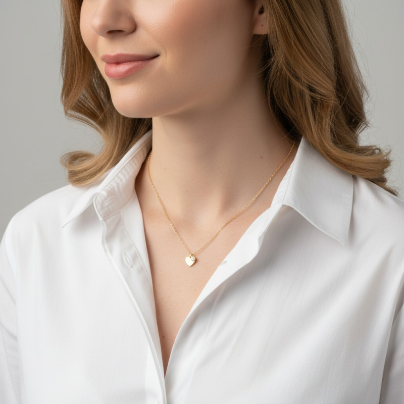 Collier Argent Doré 925 coeur et Oxyde de zirconium porté