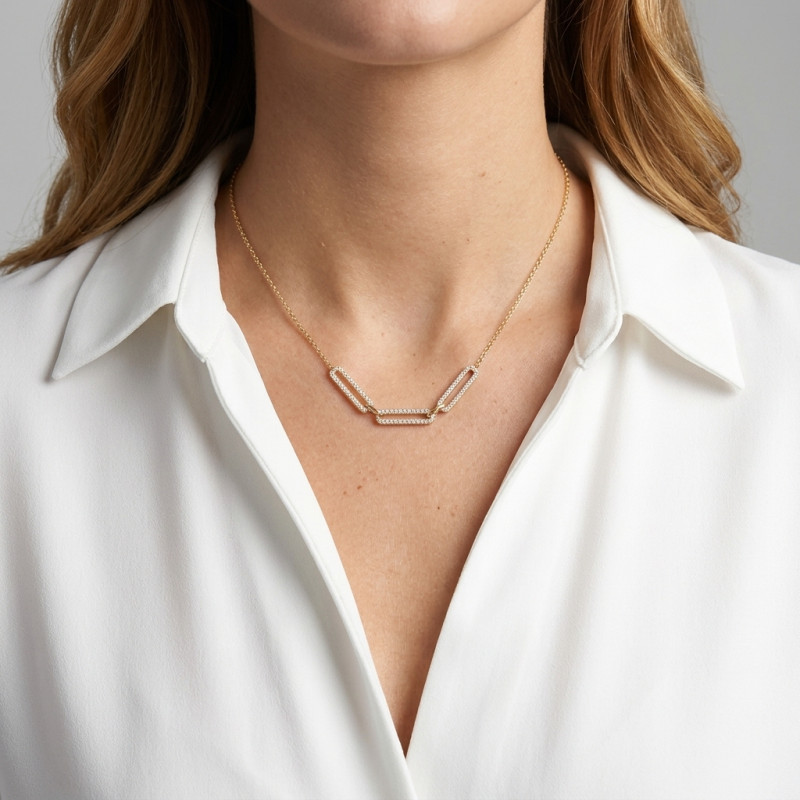 Collier Argent Doré 925 Rectangles sertis d'oxydes de zirconium porté