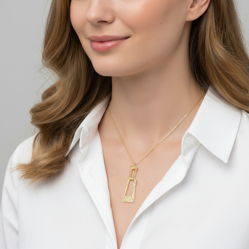 Collier Argent Doré Anneau rectangulaire Martelé porté