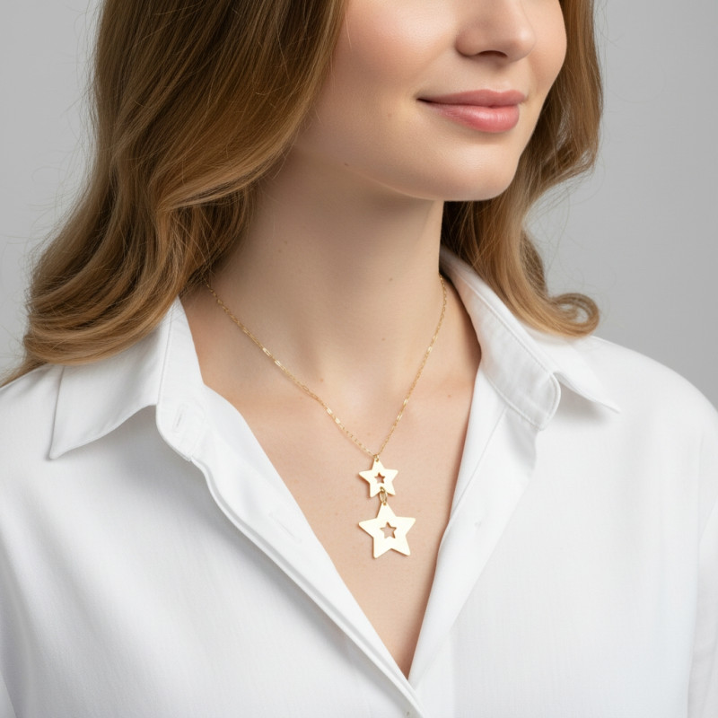 Collier Argent Doré Etoiles Brossées porté