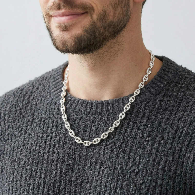 Collier Argent  Grains de Café 9mm x 50cm porté